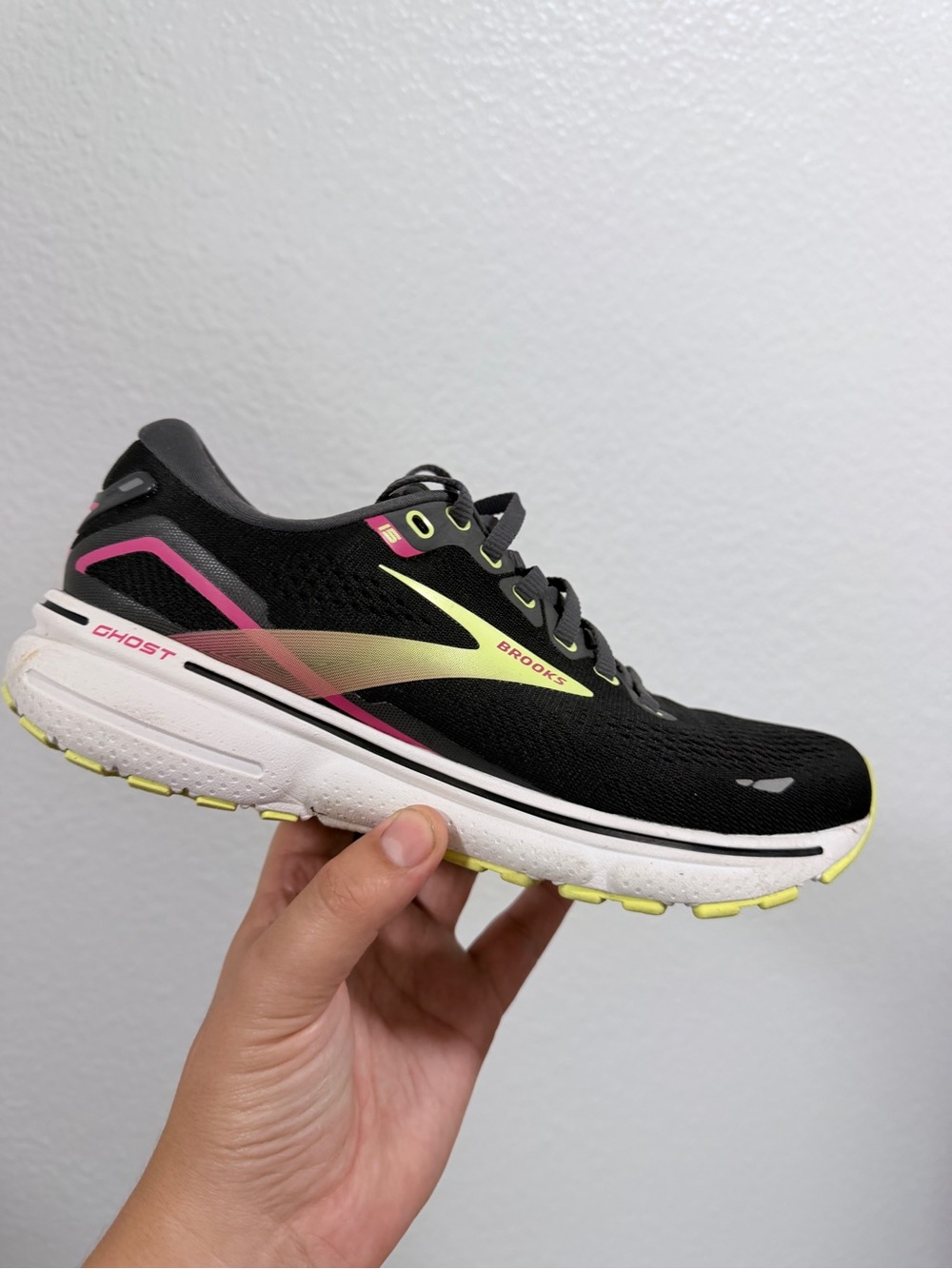 Brooks Ghost Women's Running Shoe - Black with Pink & Yellow Accents